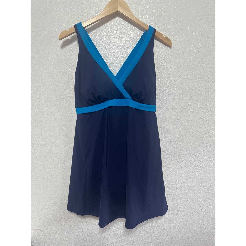 Lands End Womens 16W Navy Blue Colorblock V-Neck Swim Dress One Piece Swimsuit